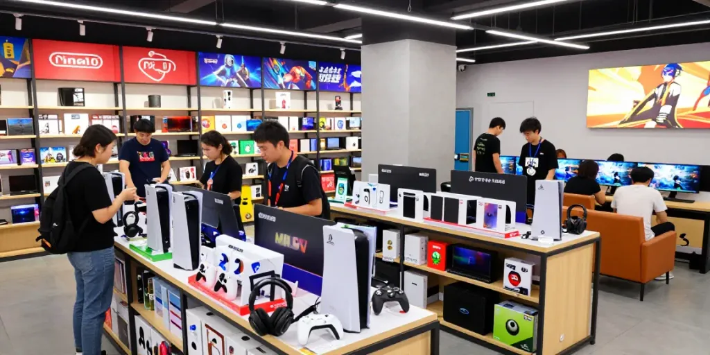 rokok88 gaming store scene with customers exploring PlayStation and Xbox products, vibrant atmosphere filled with gaming accessories.